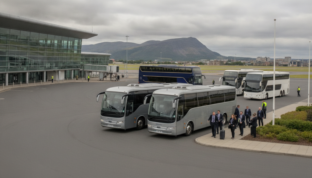 MICE Travel in Edinburgh: Ensuring Smooth Delegate Transfers with Professional Coach Hire — executive coach meeting a group at Edinburgh Airport