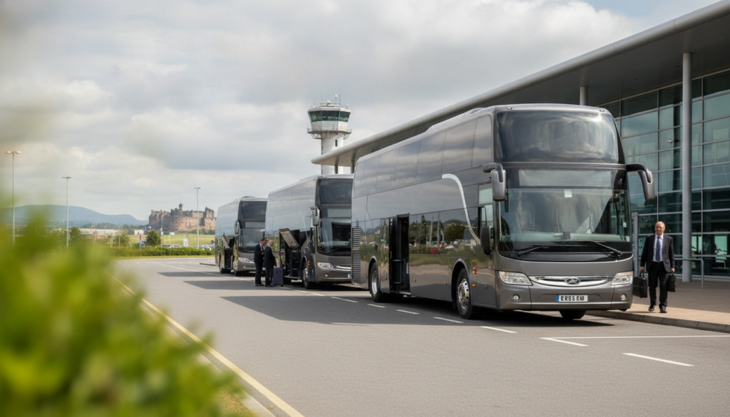 Streamlining Corporate Event Transport in Edinburgh: A Premium Coach Solution — executive coach meeting a group at Edinburgh Airport