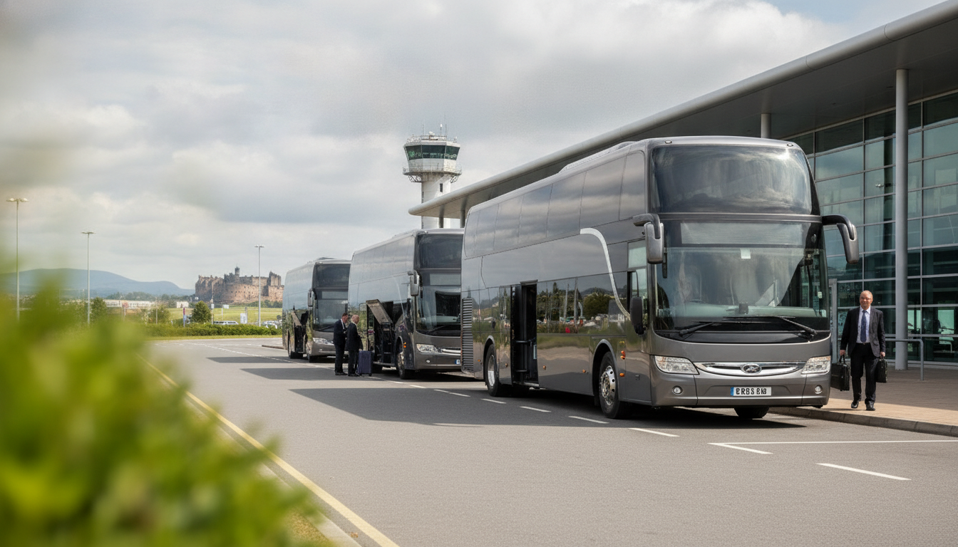 Streamlining Corporate Event Transport in Edinburgh: A Premium Coach Solution — executive coach meeting a group at Edinburgh Airport