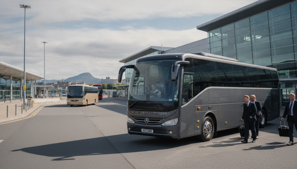 Planning Flawless Logistics for Your Edinburgh Corporate Event by Coach — executive coach meeting a group at Edinburgh Airport