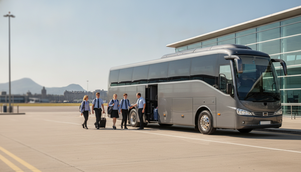 Safe & Reliable Coach Hire for Edinburgh School Trips: Prioritising Student Comfort — executive coach meeting a group at Edinburgh Airport