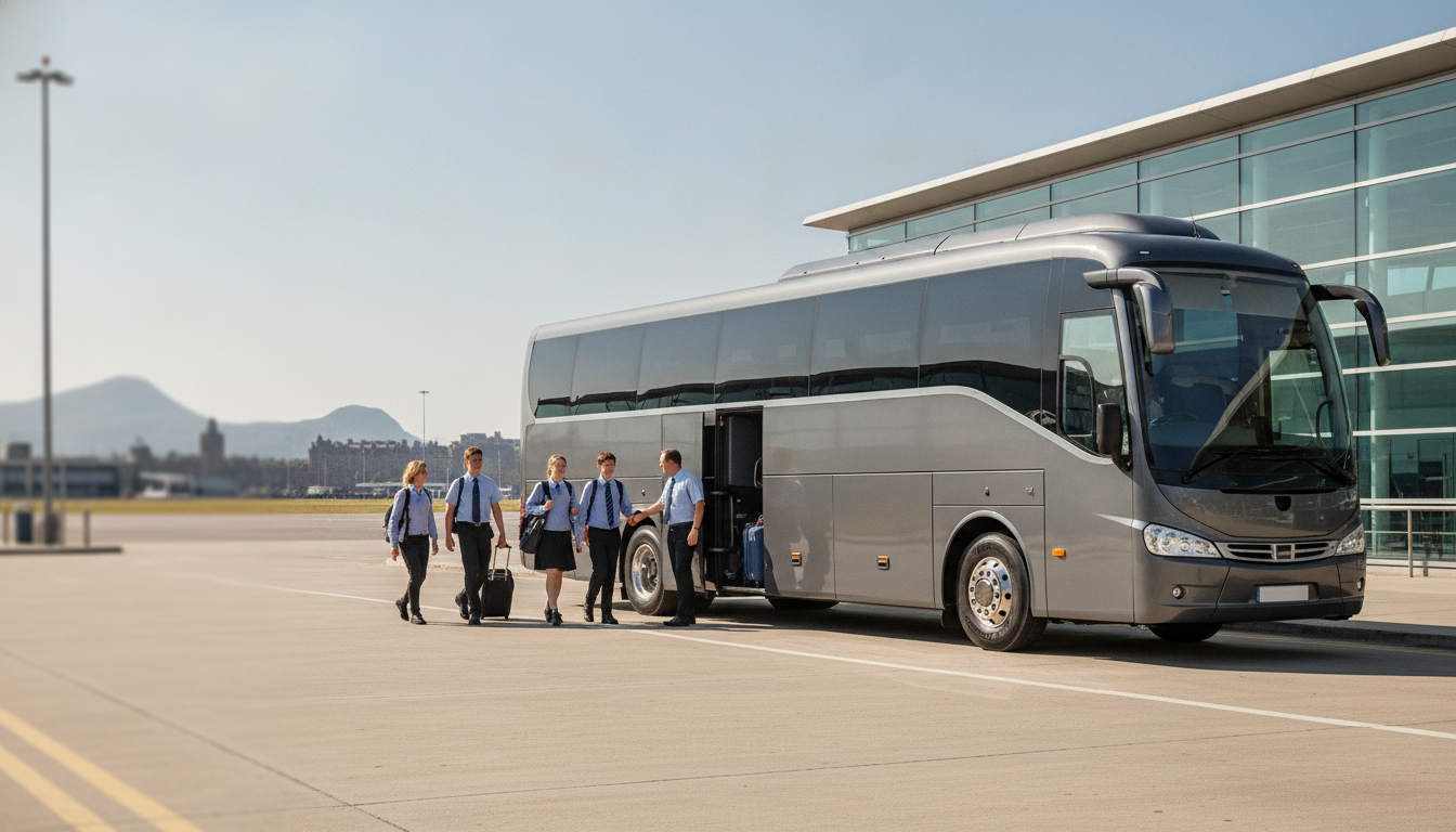 Safe & Reliable Coach Hire for Edinburgh School Trips: Prioritising Student Comfort — executive coach meeting a group at Edinburgh Airport