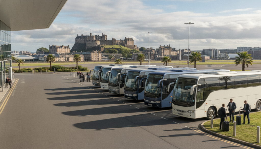 Discover Edinburgh: Premium Coach Hire for Your Group's Scottish Adventure — executive coach meeting a group at Edinburgh Airport